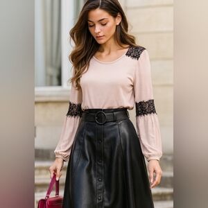 NEWOT🎀SUZY SHIER Viscose Pink Long Sleeve Blouse with Black Lace Fringe Sz: L